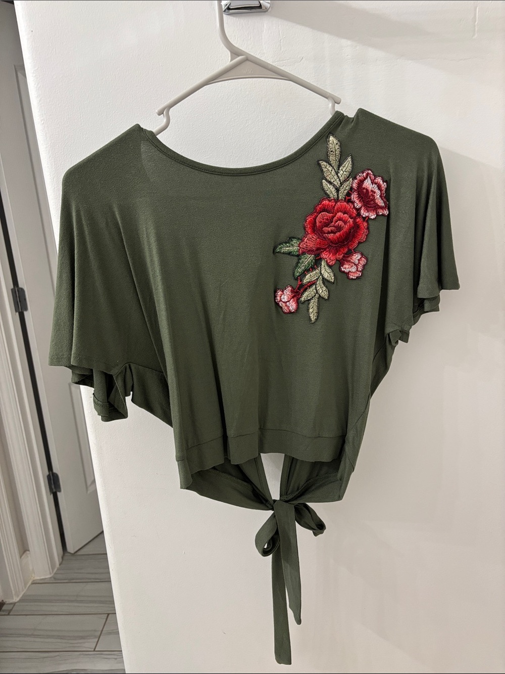Olive Green Floral Appliqué Back Tie Top